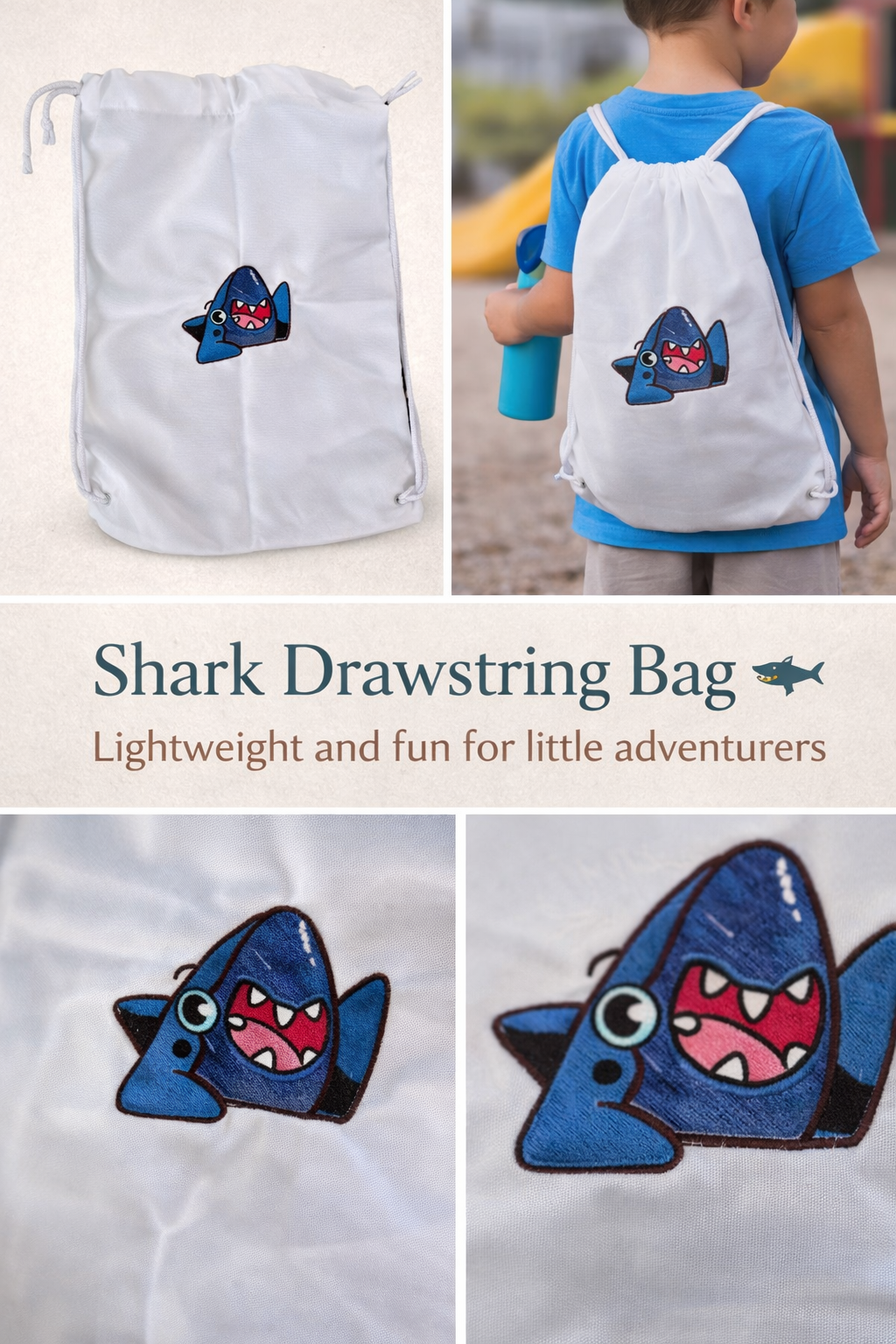 Kids Embroidered Drawstring Bag – Fun Shark Design