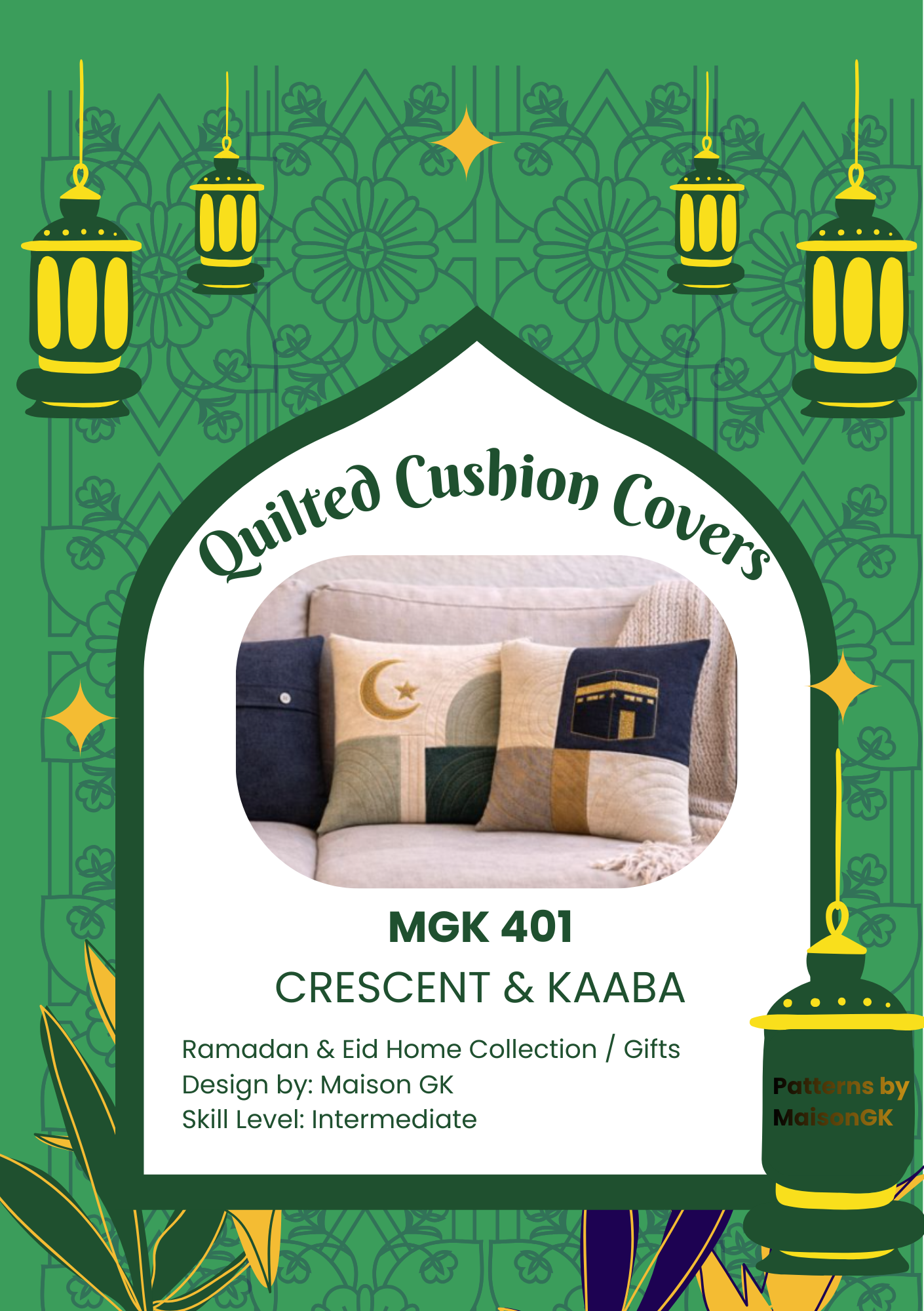 Crescent & Kaaba Quilted Cushion Cover Pattern – Ramadan & Eid Edition