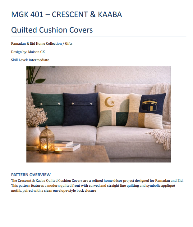 Crescent & Kaaba Quilted Cushion Cover Pattern – Ramadan & Eid Edition